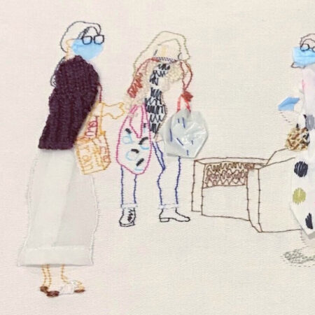 Illustration produced with hand embroidery of three women wearing masks carrying bags