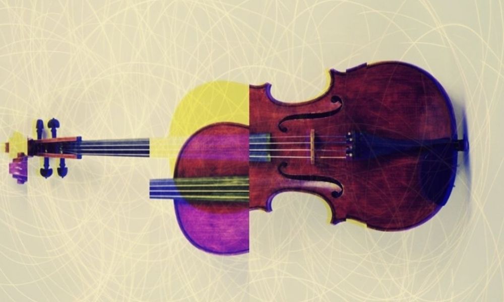 Fragmented photograph of a violin. 