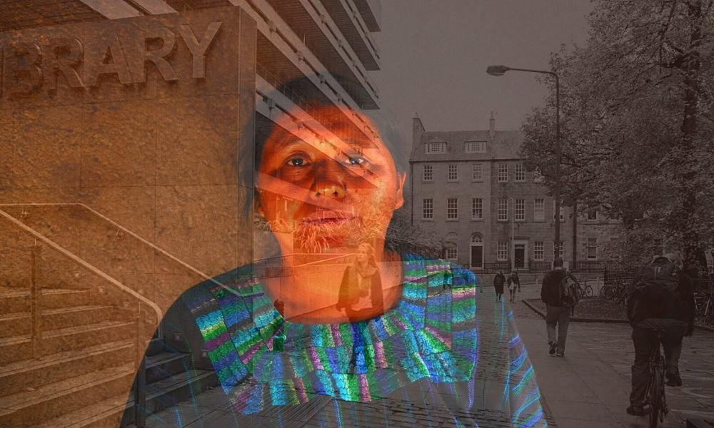 Picture of an indigenous woman from Latin America superimposed over a picture of the exterior of the University of Edinburgh Library building. 