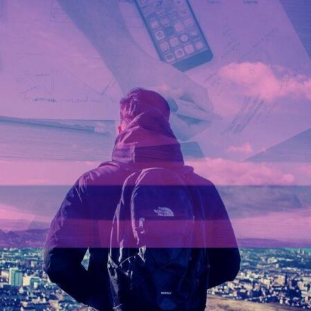 Image of man overlooking city of Edinburgh with image of person working at a laptop superimposed on the sky