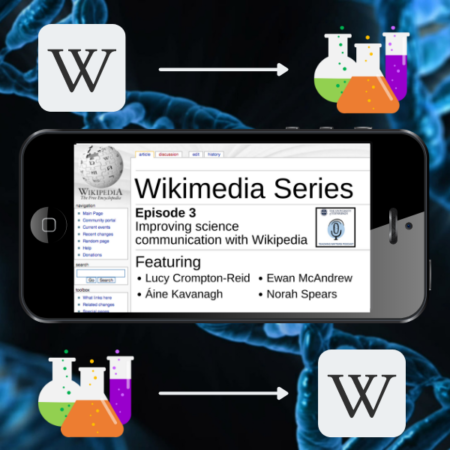 title of episode with parcipants' names on mock wikipedia page, on an iphone, in front of a background of DNA strands