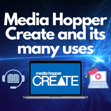 title over blue-digital background, with computer featuring 'media hopper create' below it