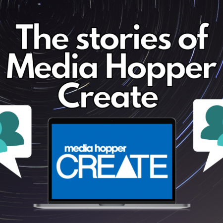 title above computer with media hopper create logo, and two speech bubbles on each side over background of stars