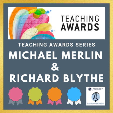 Teaching awards logo above names of participants and different colored trophies, on top of gold background