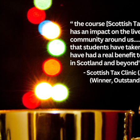 A golden cup with colourful light circles, with a quote from the winner of Outstanding course award