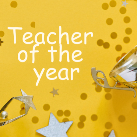 A photograph with a winning cup, decorative stars and glitters, with a text that reads Teacher of the year