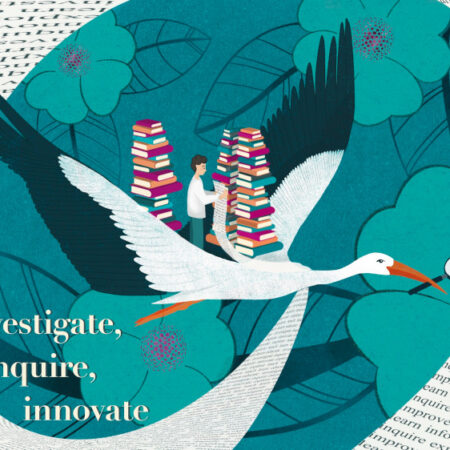 Art drawing of bird flying with stack of books on back and words 'Investigate, inquire, innovate'