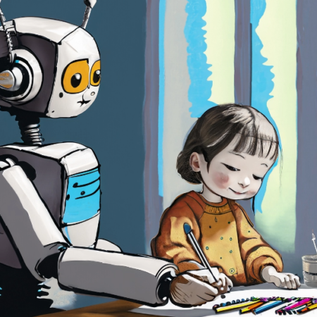 Dall E robot listening to a child and drawing a painting