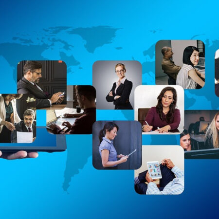 background of world map outline with person holding a tablet and shots of people