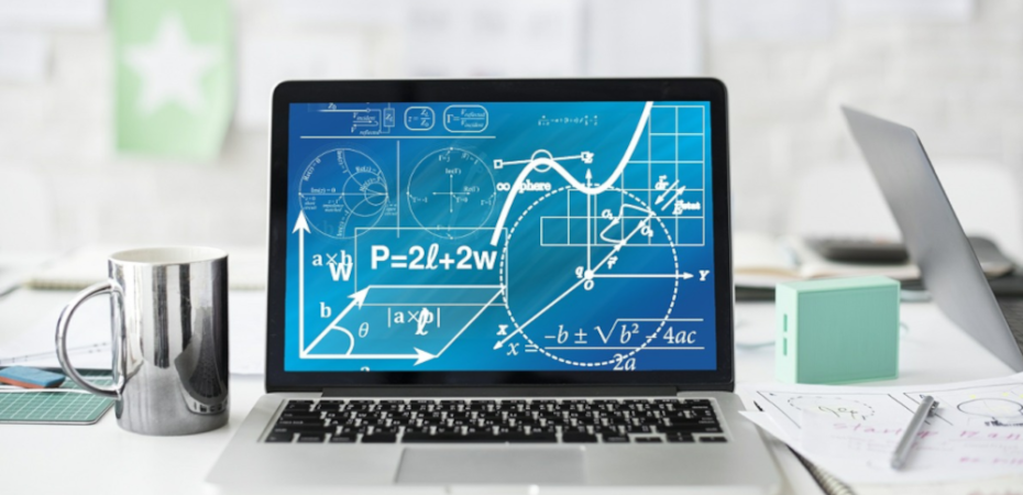 A picture of a laptop with mathematic equations and graphs