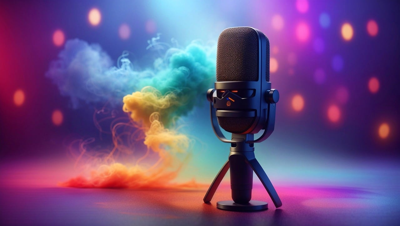 Photograph of a microphone against a colourful background