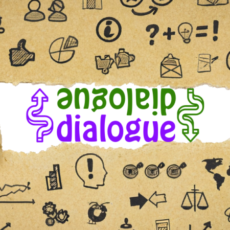 An graphic image with the text 'dialogue' in the middle.. several icons signifying different aspects of feedback at the background